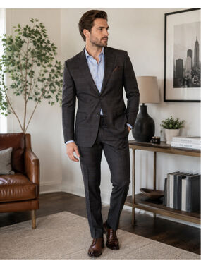 Men's Lineage Suit 40R Brown Blue Plaid Performance Blazer and Trousers Summer